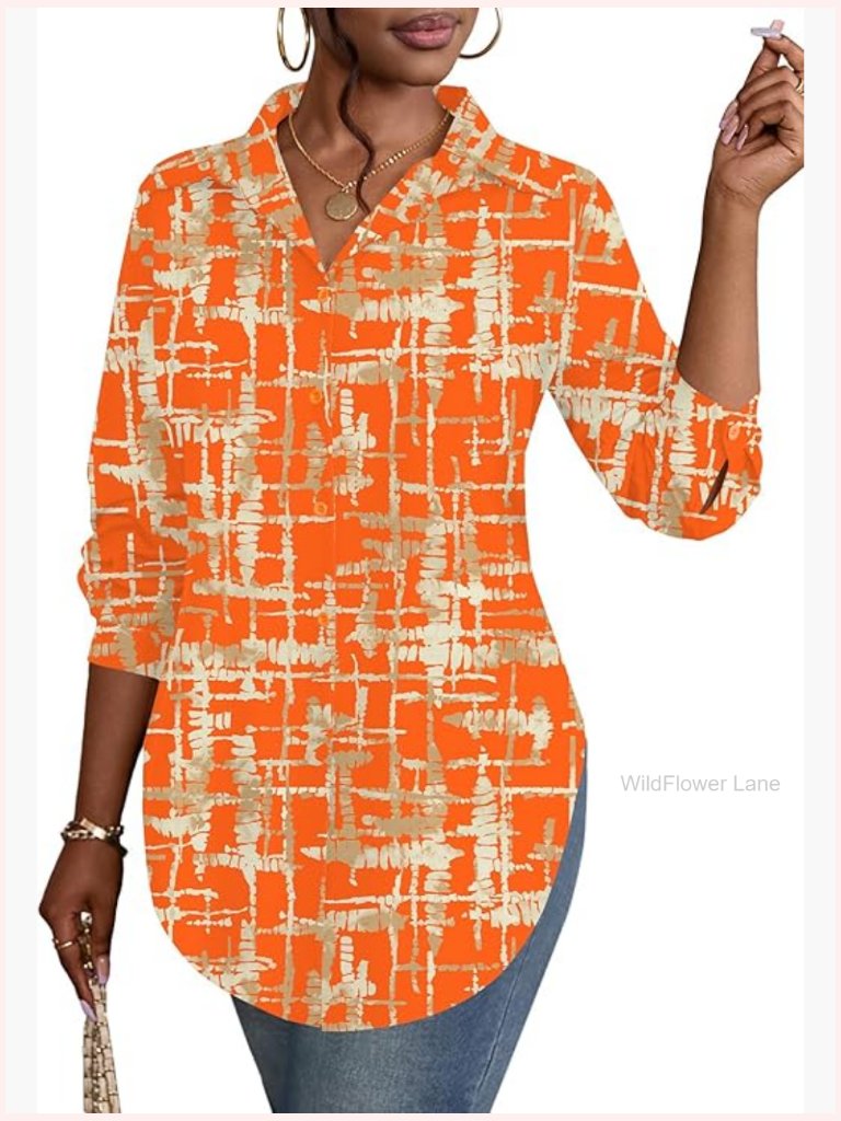 Collar V Neck Long Sleeve Slit Side Button Down Blouse Top